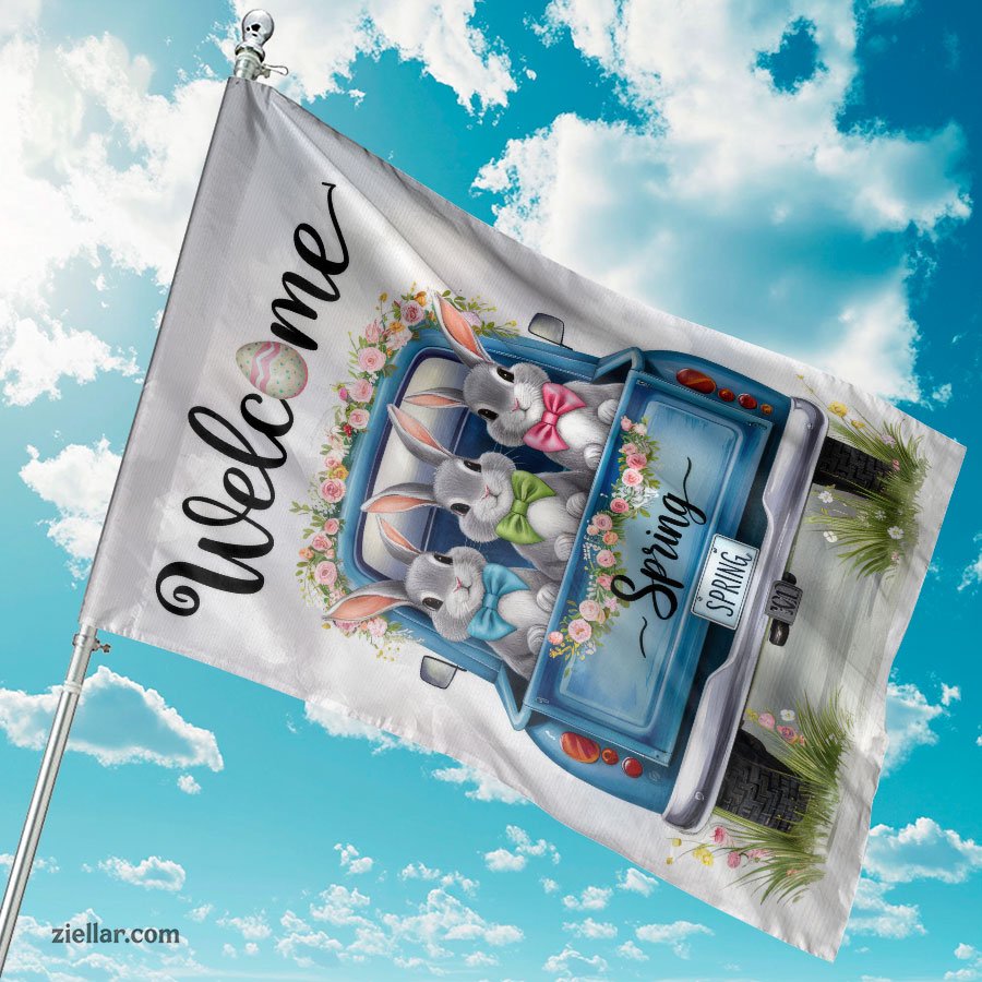 Welcome Bunnies in Blue Truck Easter Spring Garden Flag Home Yard Decoration