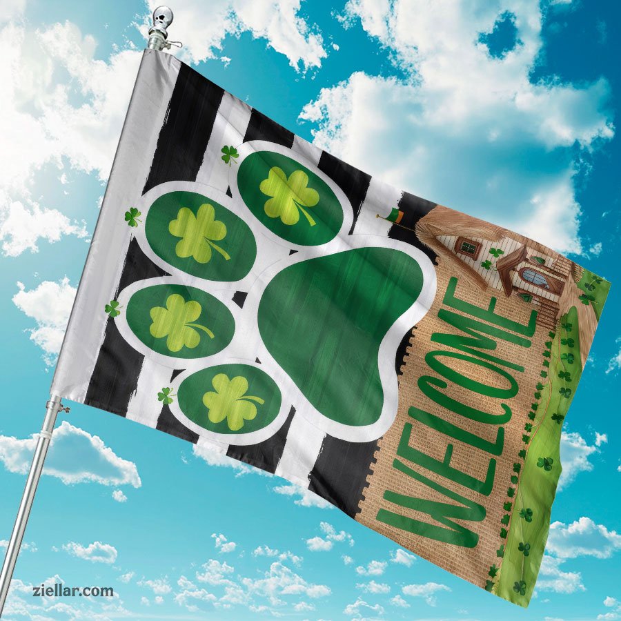 Welcome Dog Paw Garden Flag for St. Patrick's Day _ Shamrock Outdoor Decor
