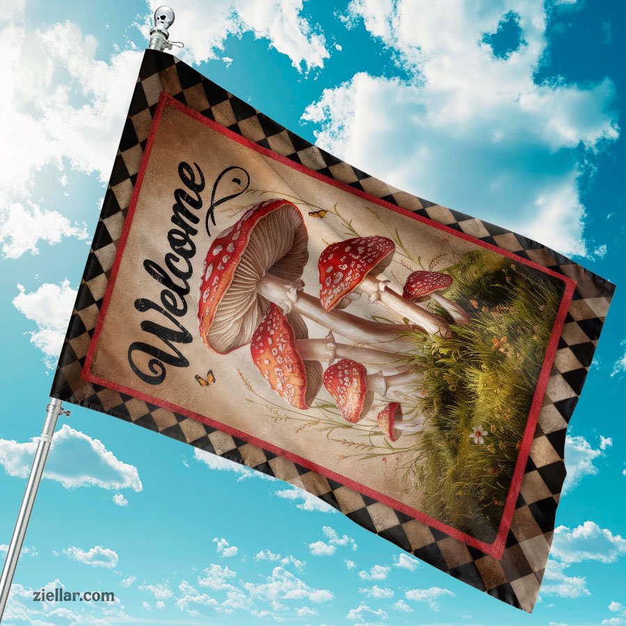 Welcome Mushroom Garden Flag 12x18 Inch Double Sided Burlap Outdoor Yard Decor