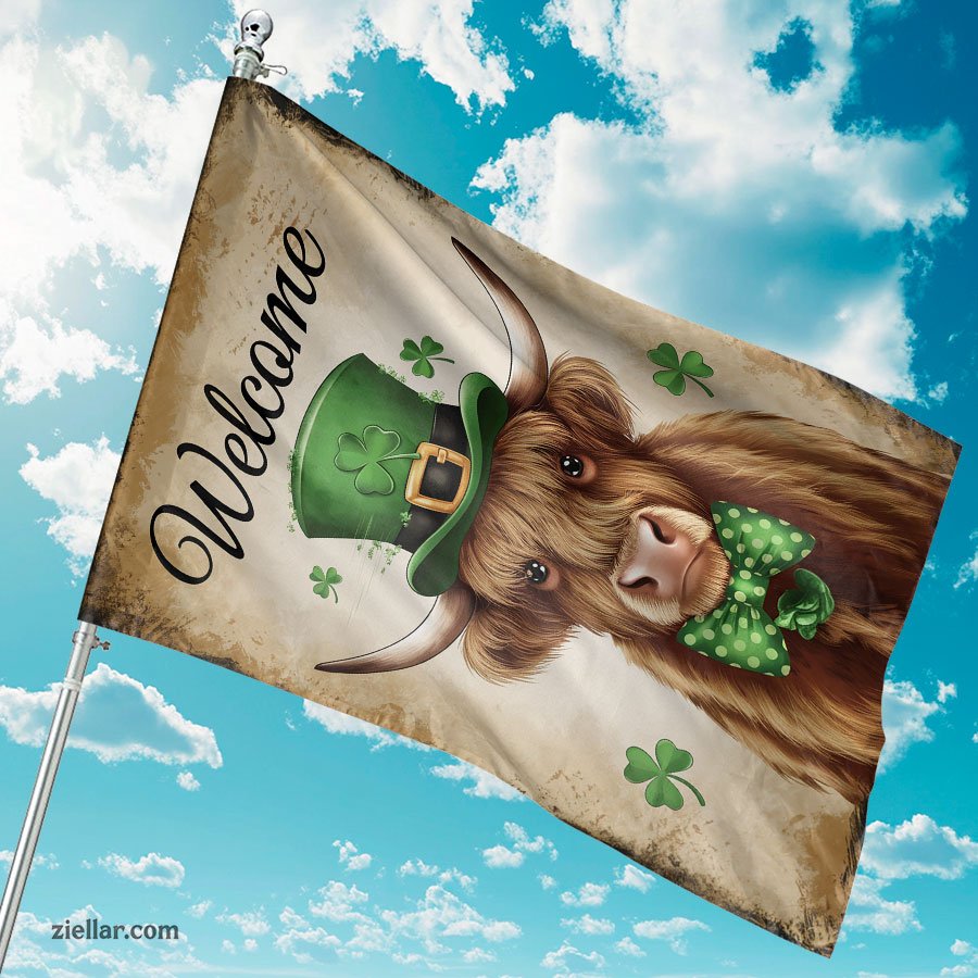 Welcome St Patricks Day Flag 12x18 Inch, Irish Highland Cow Outdoor Decor