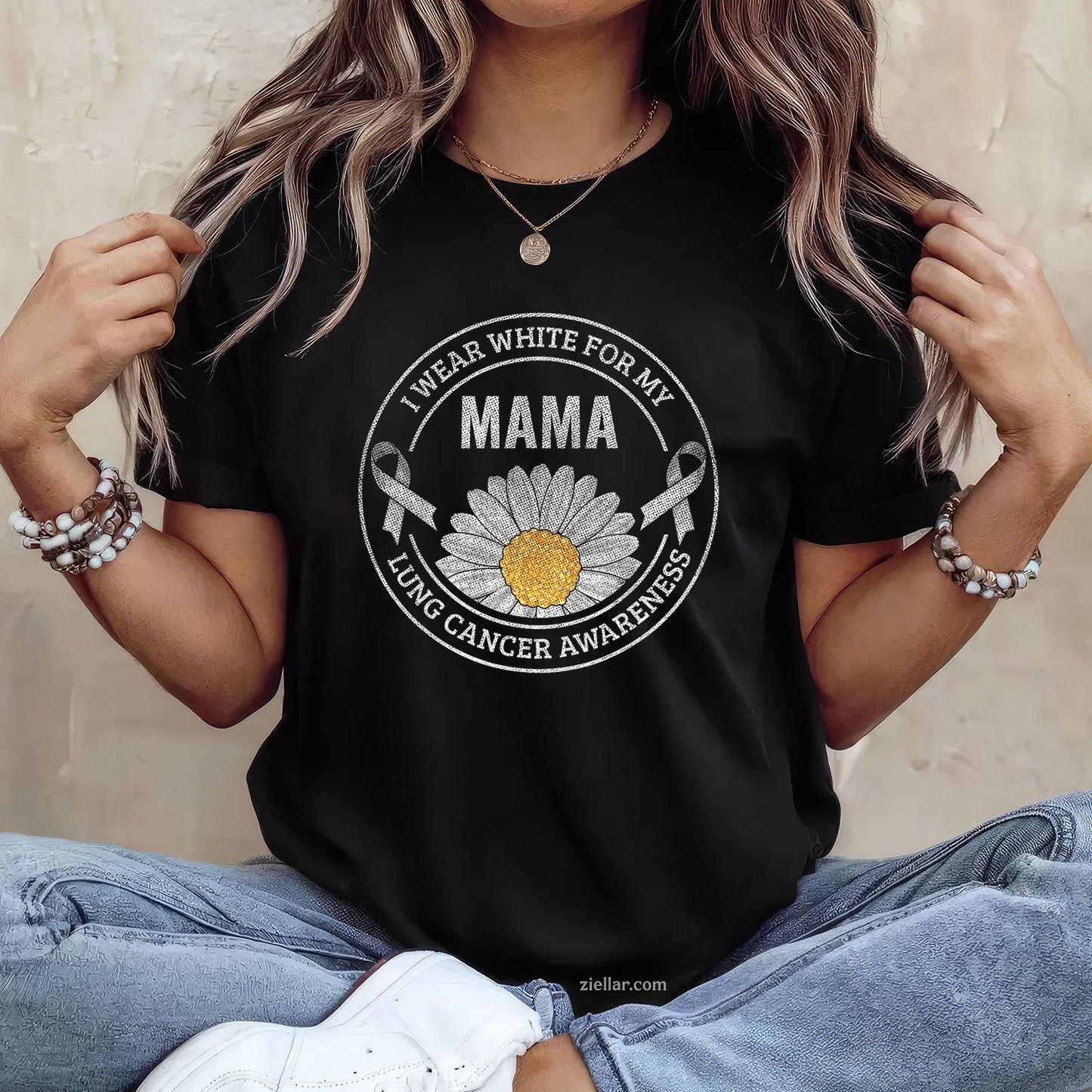 White Ribbon Mama Lung Cancer Awareness Gift T-Shirt