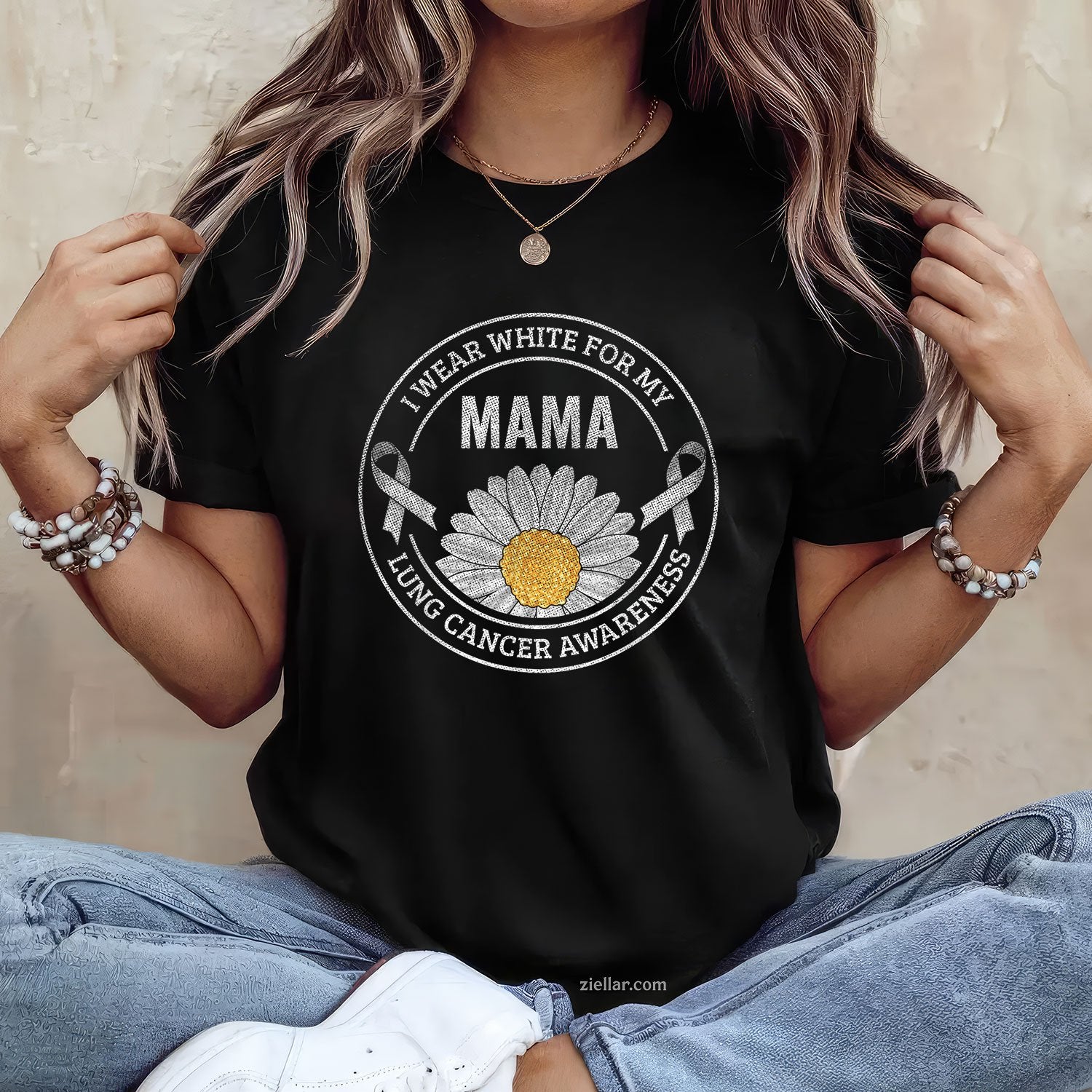 White Ribbon Mama Lung Cancer Awareness Gift T-Shirt