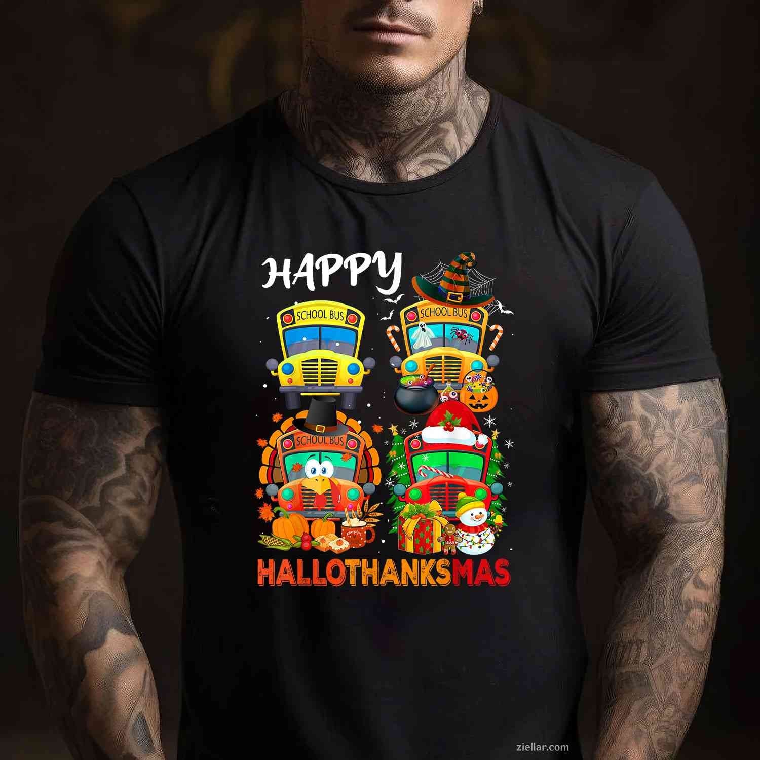 Witch Turkey Santa School Buses Happy HalloThanksMas Boys Funny Graphic Tee and T-Shirt Gift for Adults Men Women Unisex