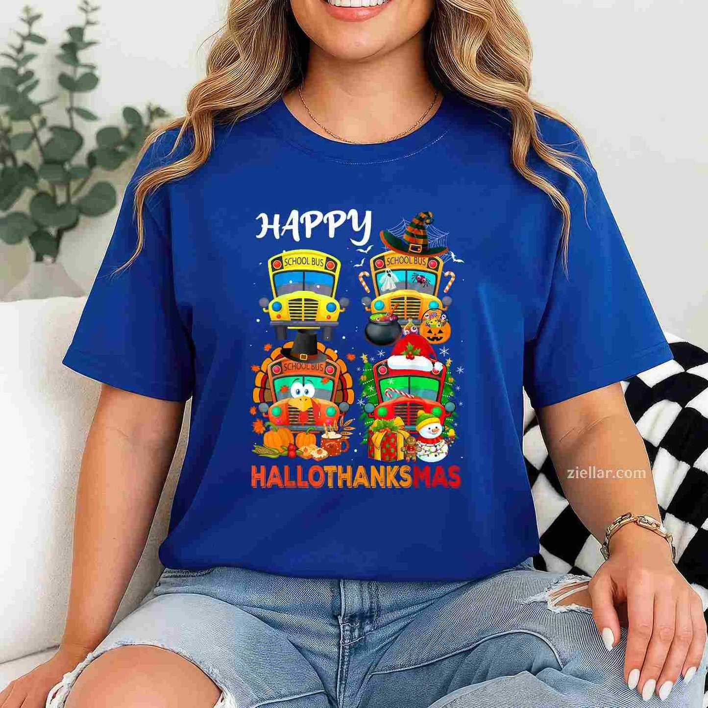 Witch Turkey Santa School Buses Happy HalloThanksMas Boys Funny Graphic Tee and T-Shirt Gift for Adults Men Women Unisex