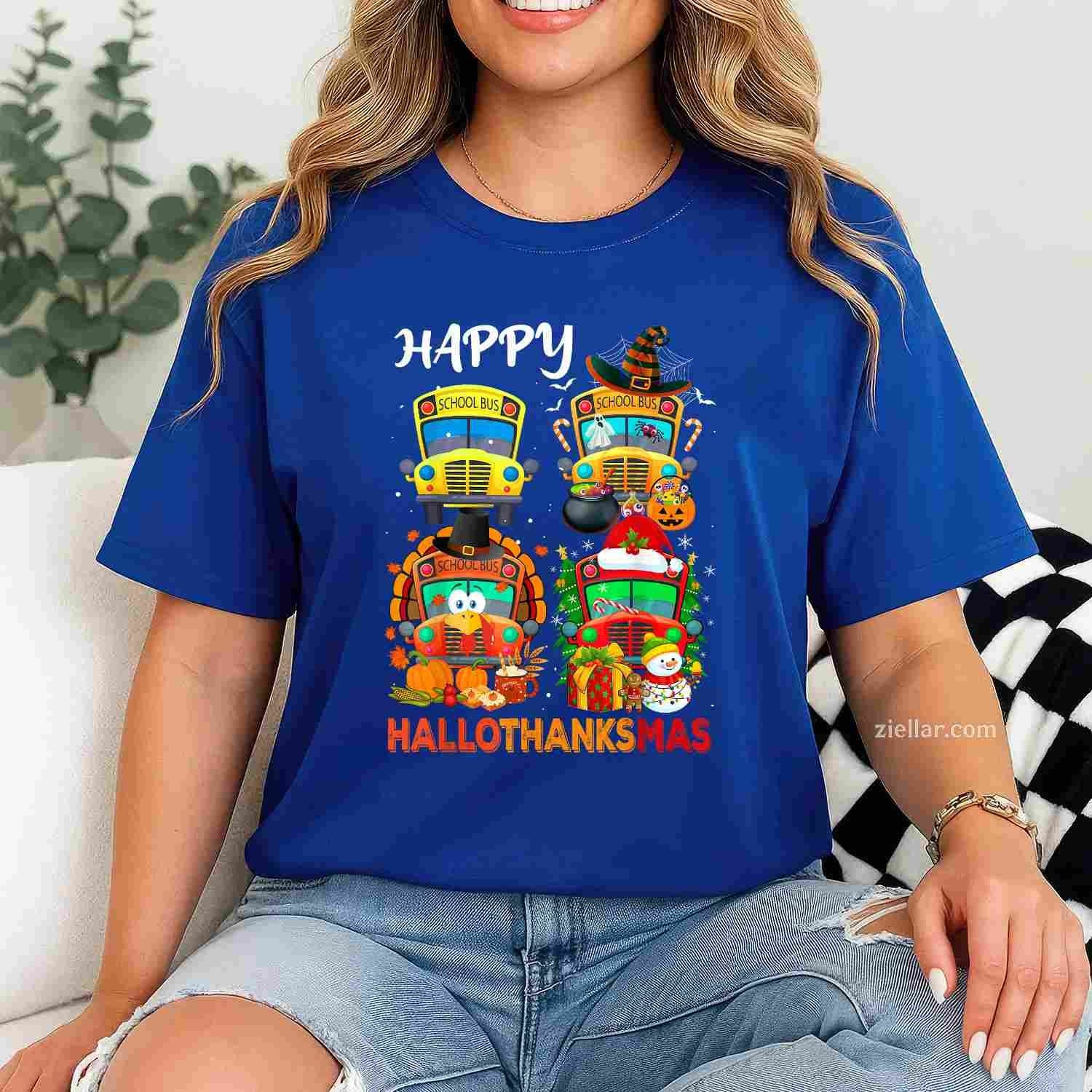 Witch Turkey Santa School Buses Happy HalloThanksMas Boys Funny Graphic Tee and T-Shirt Gift for Adults Men Women Unisex