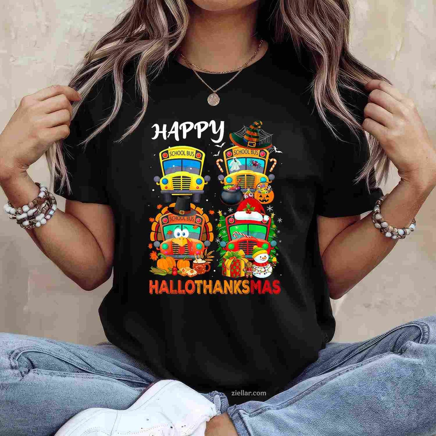 Witch Turkey Santa School Buses Happy HalloThanksMas Boys Funny Graphic Tee and T-Shirt Gift for Adults Men Women Unisex
