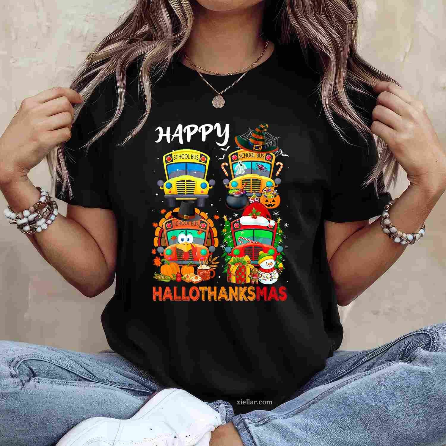 Witch Turkey Santa School Buses Happy HalloThanksMas Boys Funny Graphic Tee and T-Shirt Gift for Adults Men Women Unisex