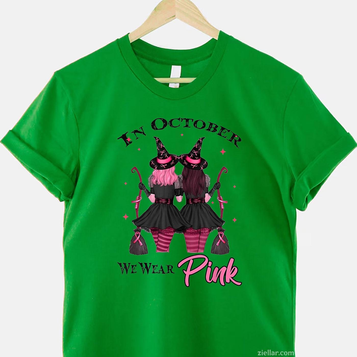 Witches In October We Wear Pink Autumn Case Breast Cancer Funny Graphic Tee and T-Shirt Gift for Adults Men Women Unisex