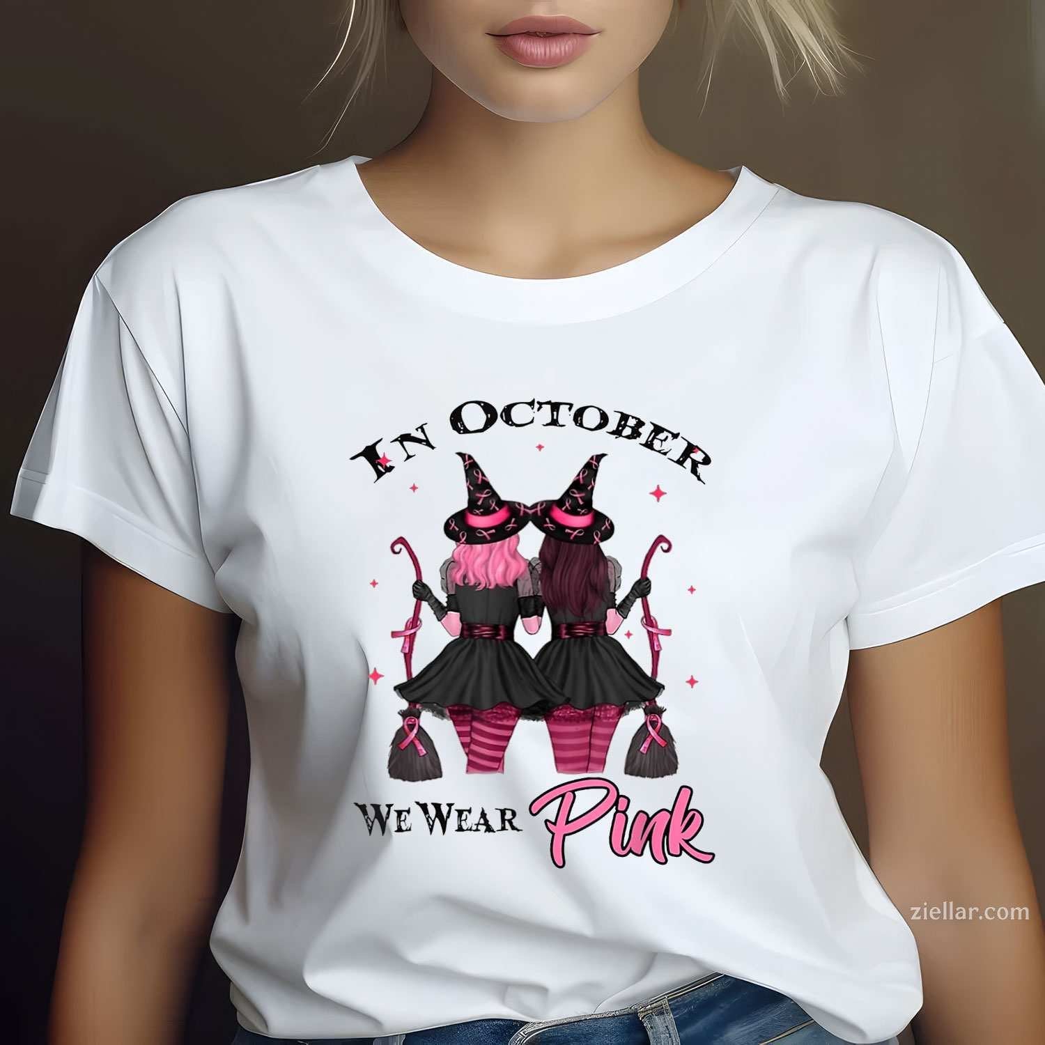 Witches In October We Wear Pink Autumn Case Breast Cancer Funny Graphic Tee and T-Shirt Gift for Adults Men Women Unisex