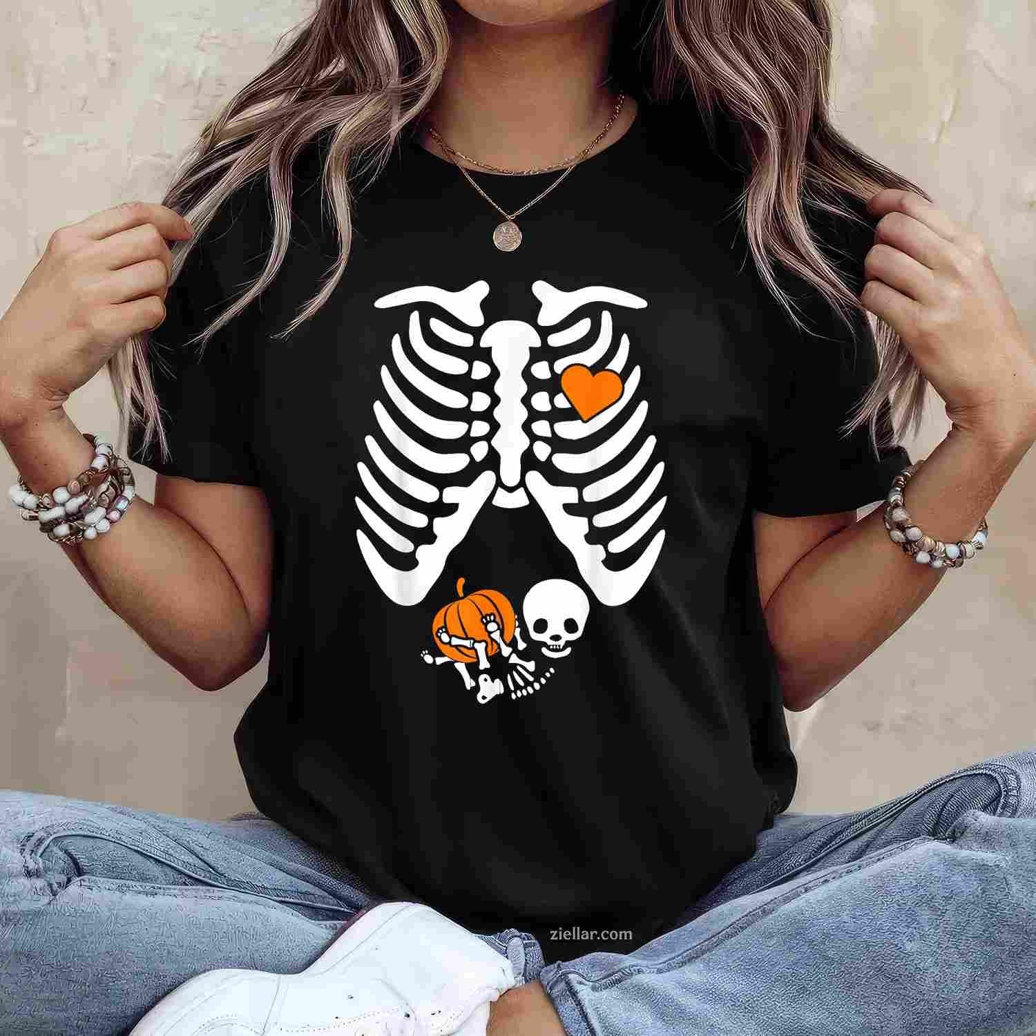 Women Skeleton Pregnancy Announcement Mom Halloween Tee, Halloween T-Shirt for Men Women Adults Unisex, Trendy Graphic Apparel, Unique Gift Idea