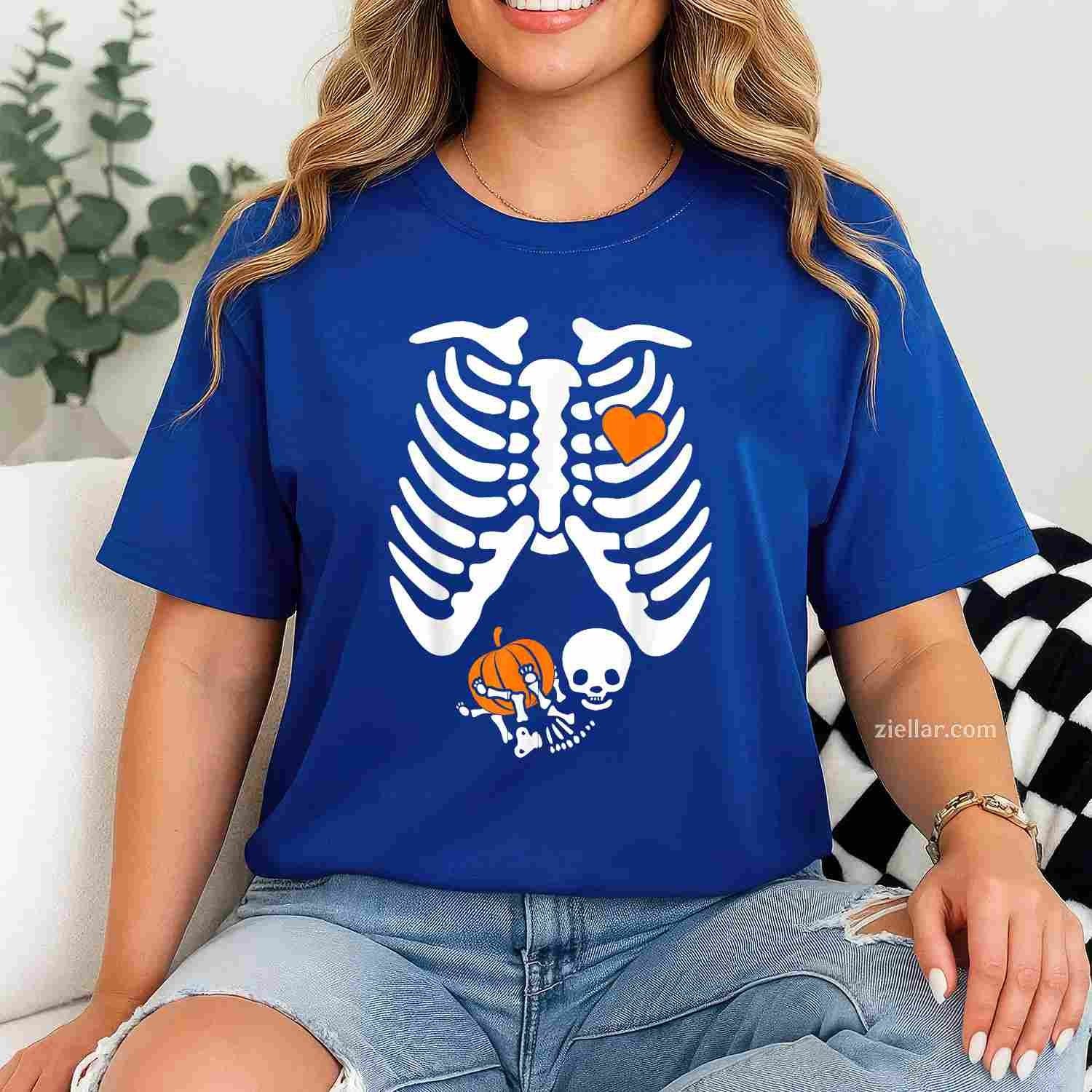 Women Skeleton Pregnancy Announcement Mom Halloween Tee, Halloween T-Shirt for Men Women Adults Unisex, Trendy Graphic Apparel, Unique Gift Idea