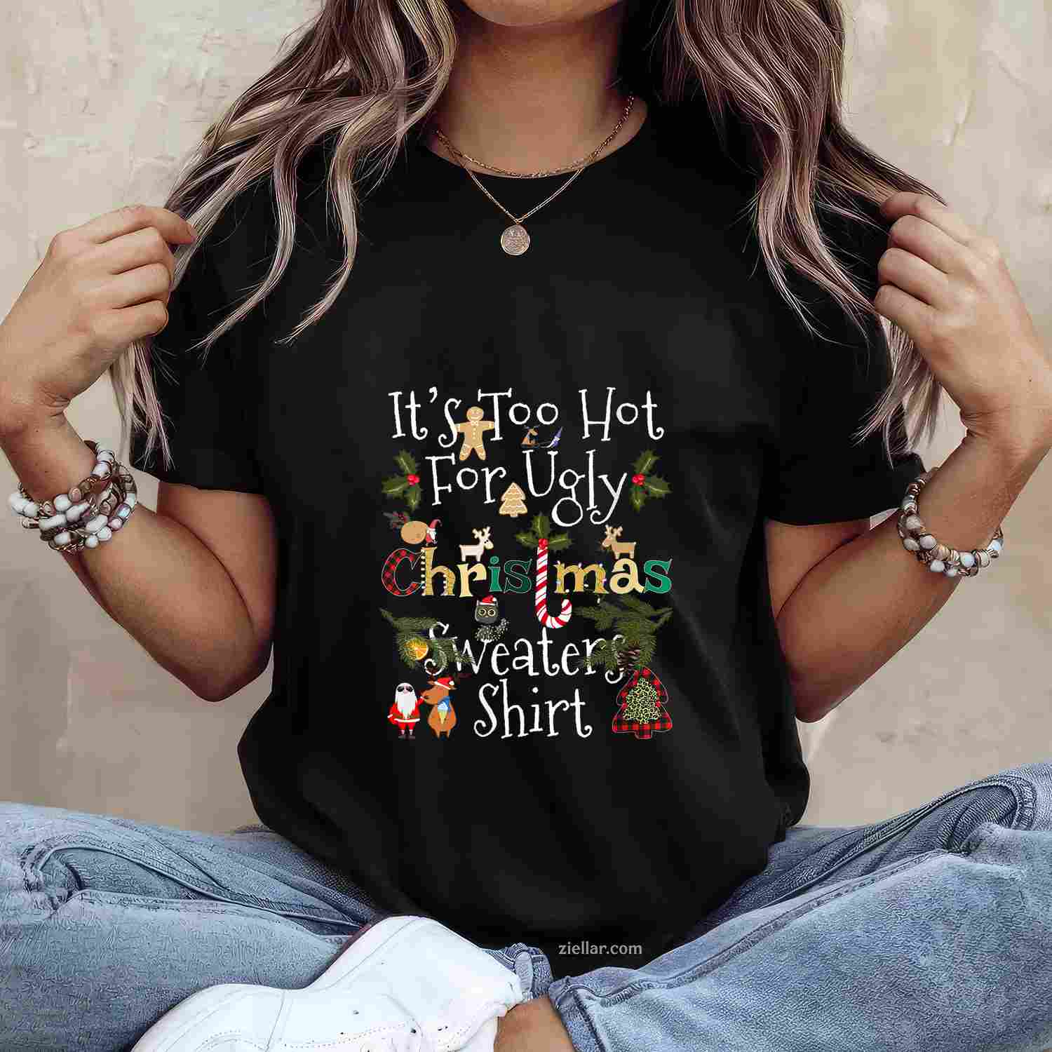 Womens It'S Too Hot For Ugly Christmas Sweaters Shirt Funny Xmas V-Neck T-Shirt_ Funny Party Tee For Her