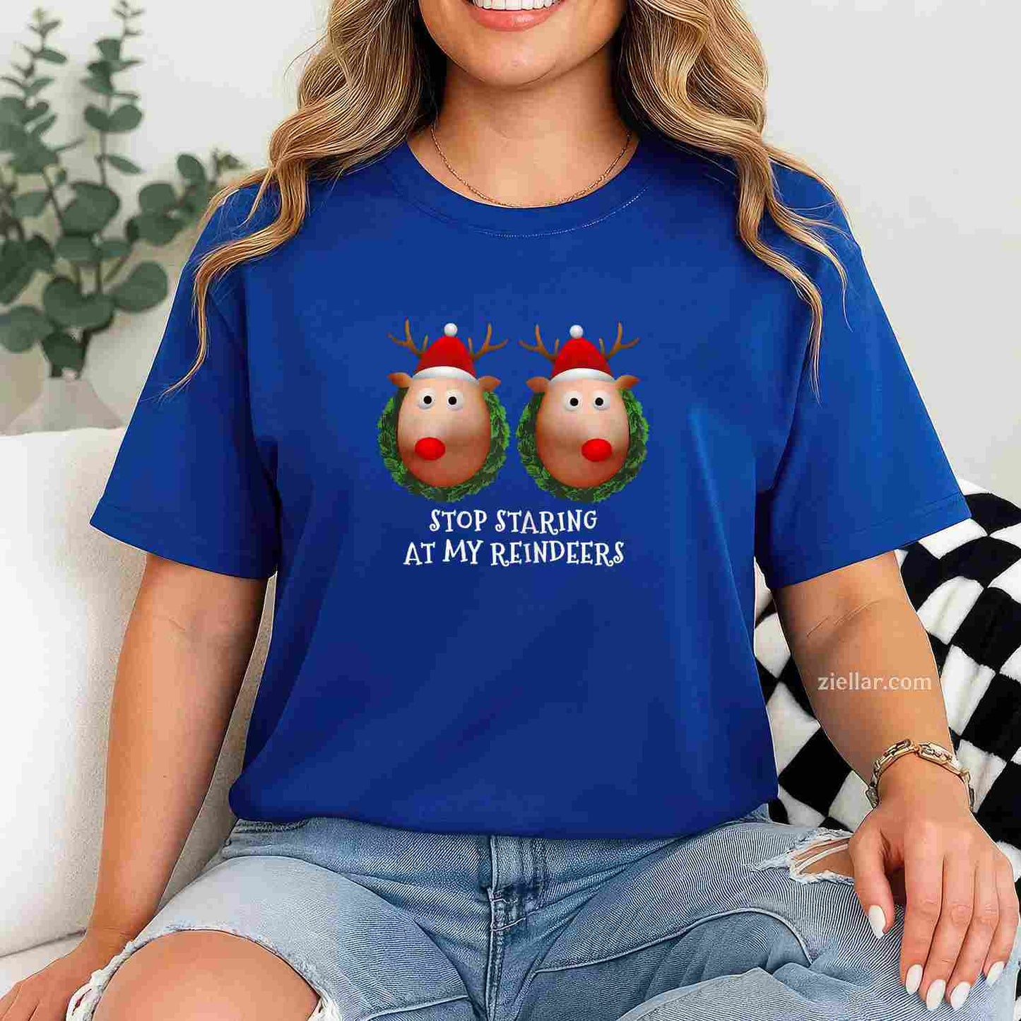 Womens Stop Staring At My Reindeers Boobs Ugly Gag Xmas Sweater T-Shirt_ Funny Gag Gift Tee For Women