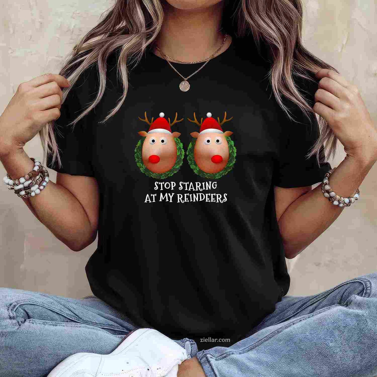 Womens Stop Staring At My Reindeers Boobs Ugly Gag Xmas Sweater T-Shirt_ Funny Gag Gift Tee For Women