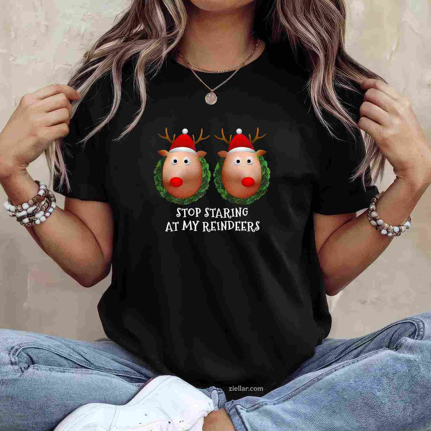 Womens Stop Staring At My Reindeers Boobs Ugly Gag Xmas Sweater T-Shirt_ Funny Gag Gift Tee For Women