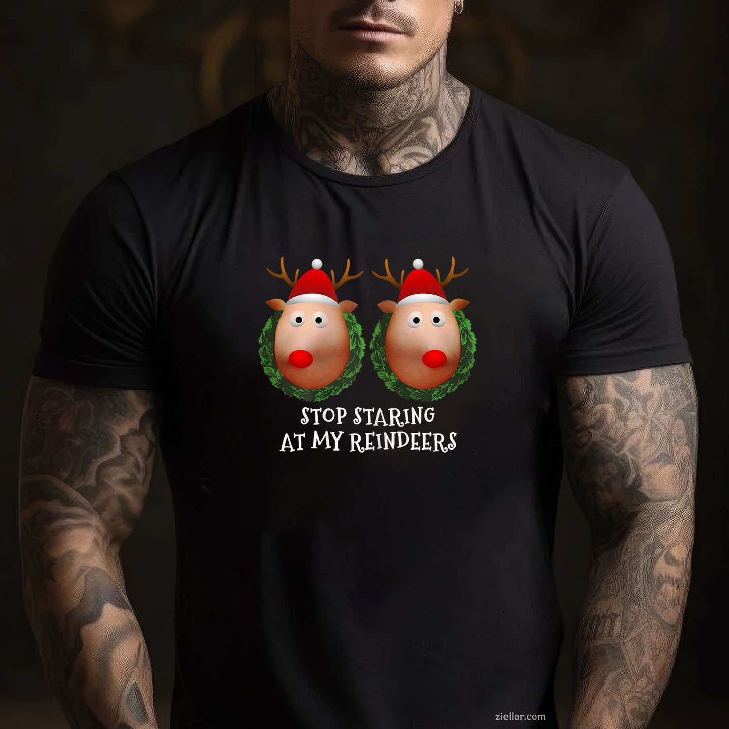 Womens Stop Staring At My Reindeers Boobs Ugly Gag Xmas Sweater T-Shirt_ Funny Gag Gift Tee For Women