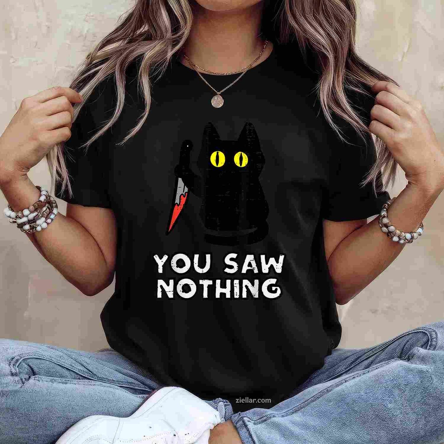 You Saw Nothing Black Cat Funny Halloween Tee, Halloween T-Shirt for Men Women Adults Unisex, Cool Casual Street Style, Premium Quality