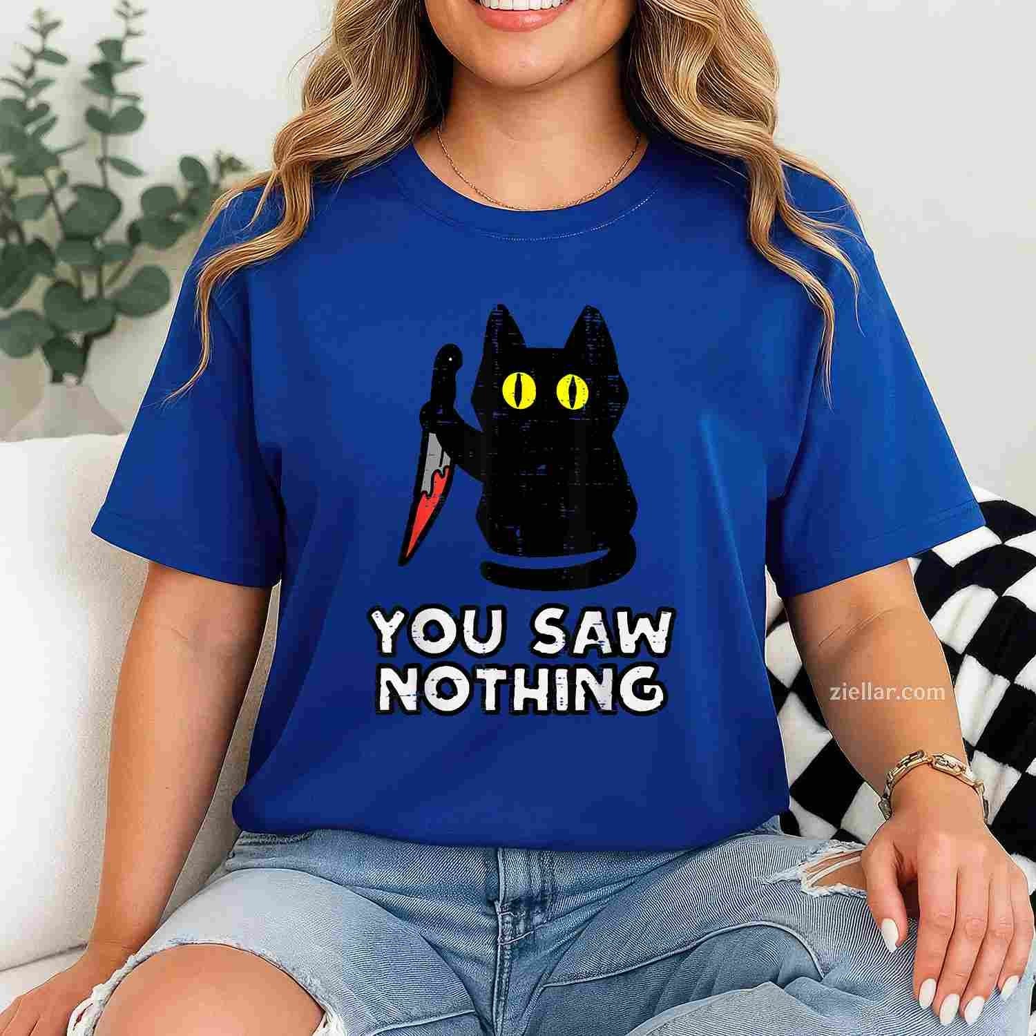 You Saw Nothing Black Cat Funny Halloween Tee, Halloween T-Shirt for Men Women Adults Unisex, Cool Casual Street Style, Premium Quality