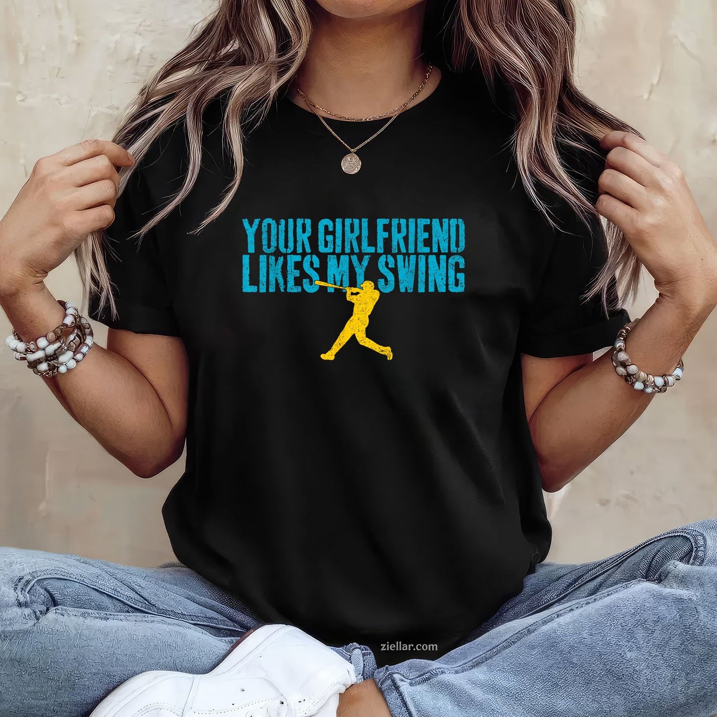 Your Girlfriend Likes My Swing Funny Baseball Tee and T-Shirt, Funny Relationship Gift T-Shirt for Couples and Adults