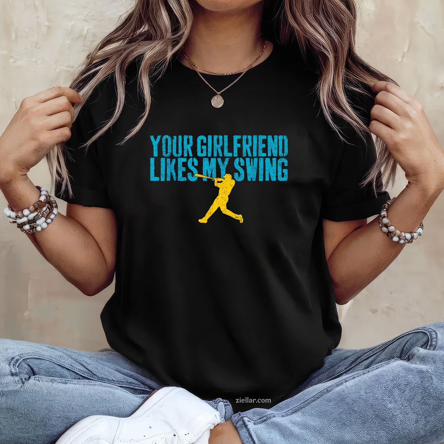 Your Girlfriend Likes My Swing Funny Baseball Tee and T-Shirt, Funny Relationship Gift T-Shirt for Couples and Adults
