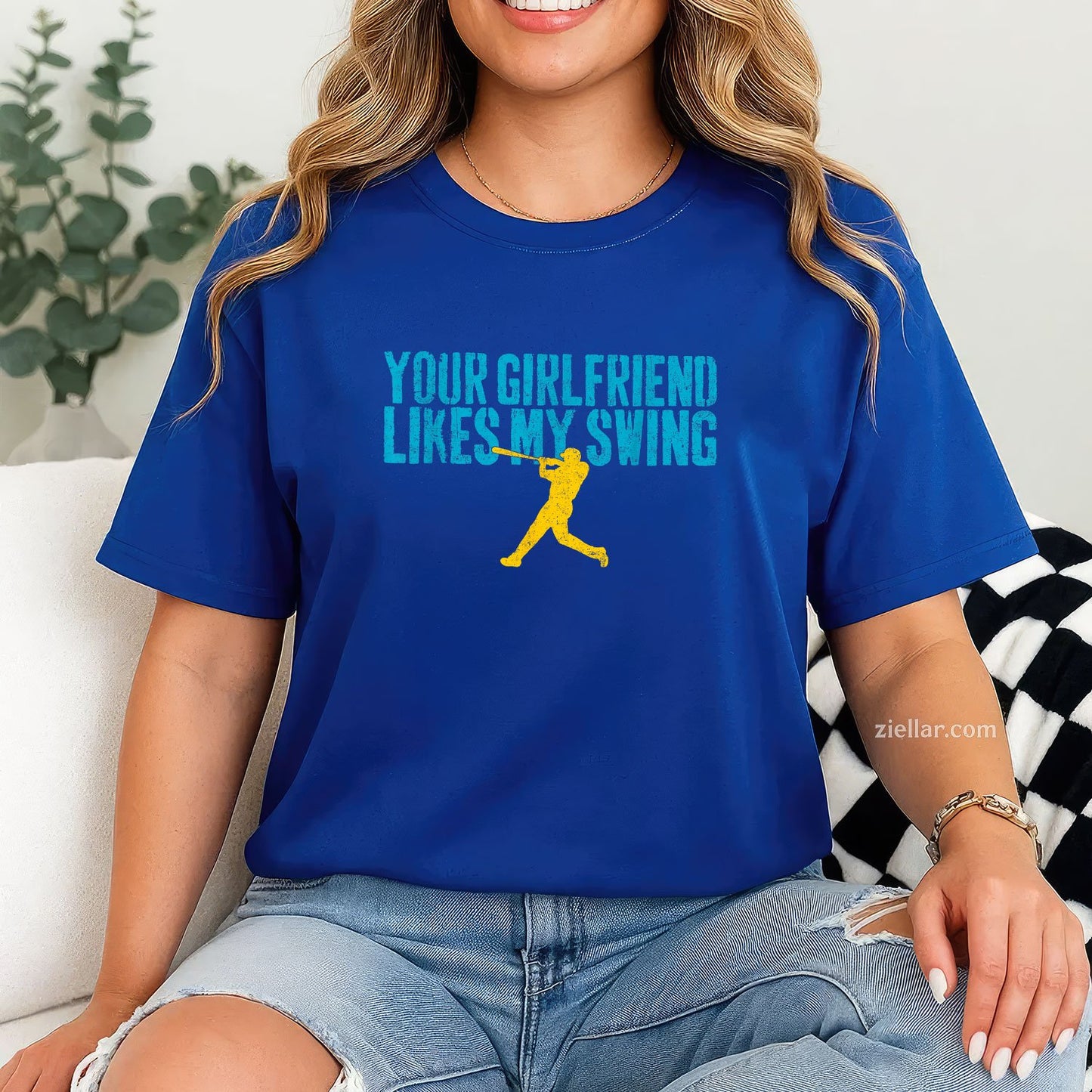 Your Girlfriend Likes My Swing Funny Baseball Tee and T-Shirt, Funny Relationship Gift T-Shirt for Couples and Adults
