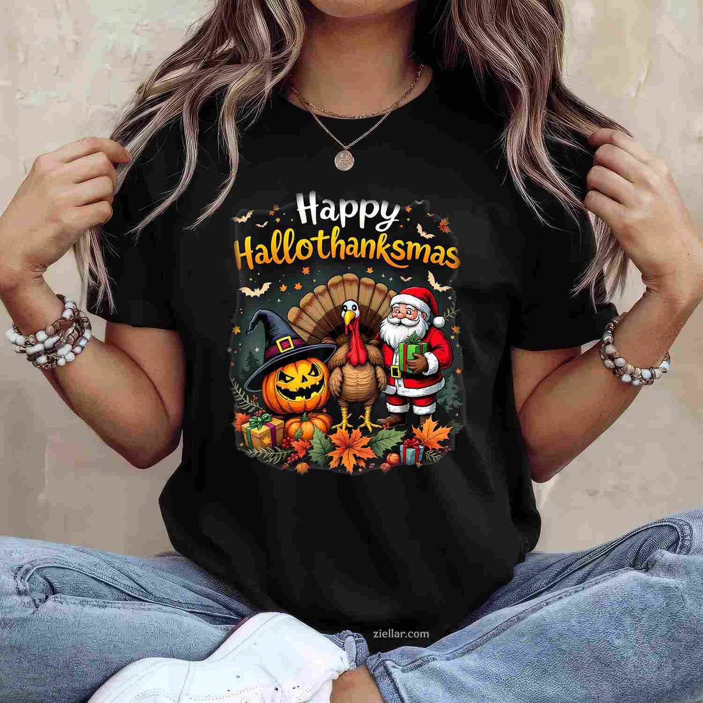 happy hallothanksmas for halloween thanksmas holiday season Funny Graphic Tee and T-Shirt Gift for Adults Men Women Unisex