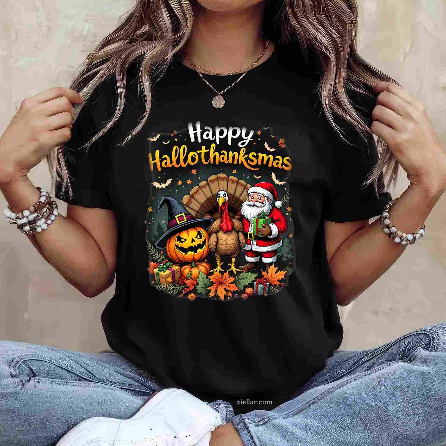 happy hallothanksmas for halloween thanksmas holiday season Funny Graphic Tee and T-Shirt Gift for Adults Men Women Unisex