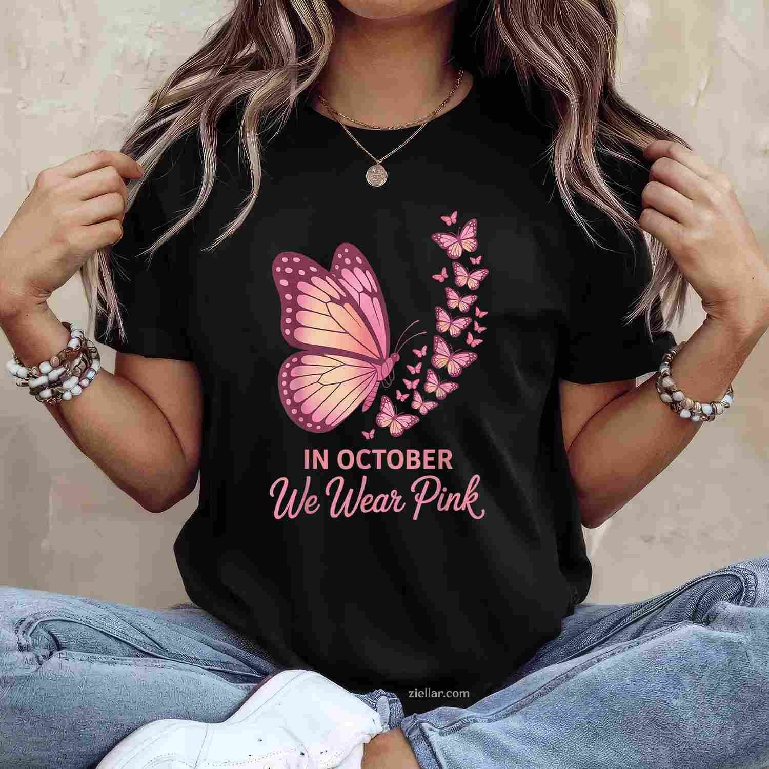 in October We Wear Pink Breast Cancer Awareness Butterfly Funny Graphic Tee and T-Shirt Gift for Adults Men Women Unisex
