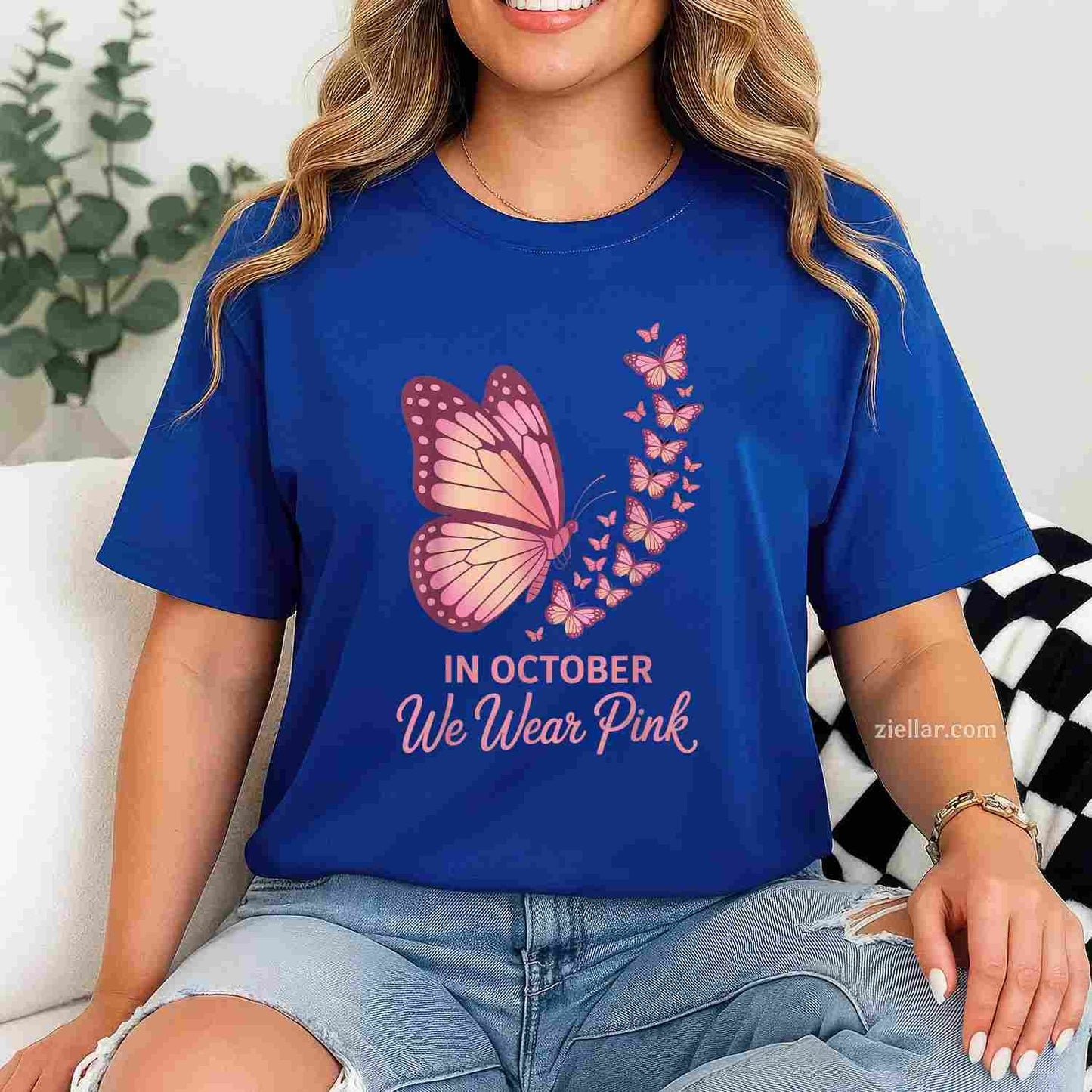 in October We Wear Pink Breast Cancer Awareness Butterfly Funny Graphic Tee and T-Shirt Gift for Adults Men Women Unisex