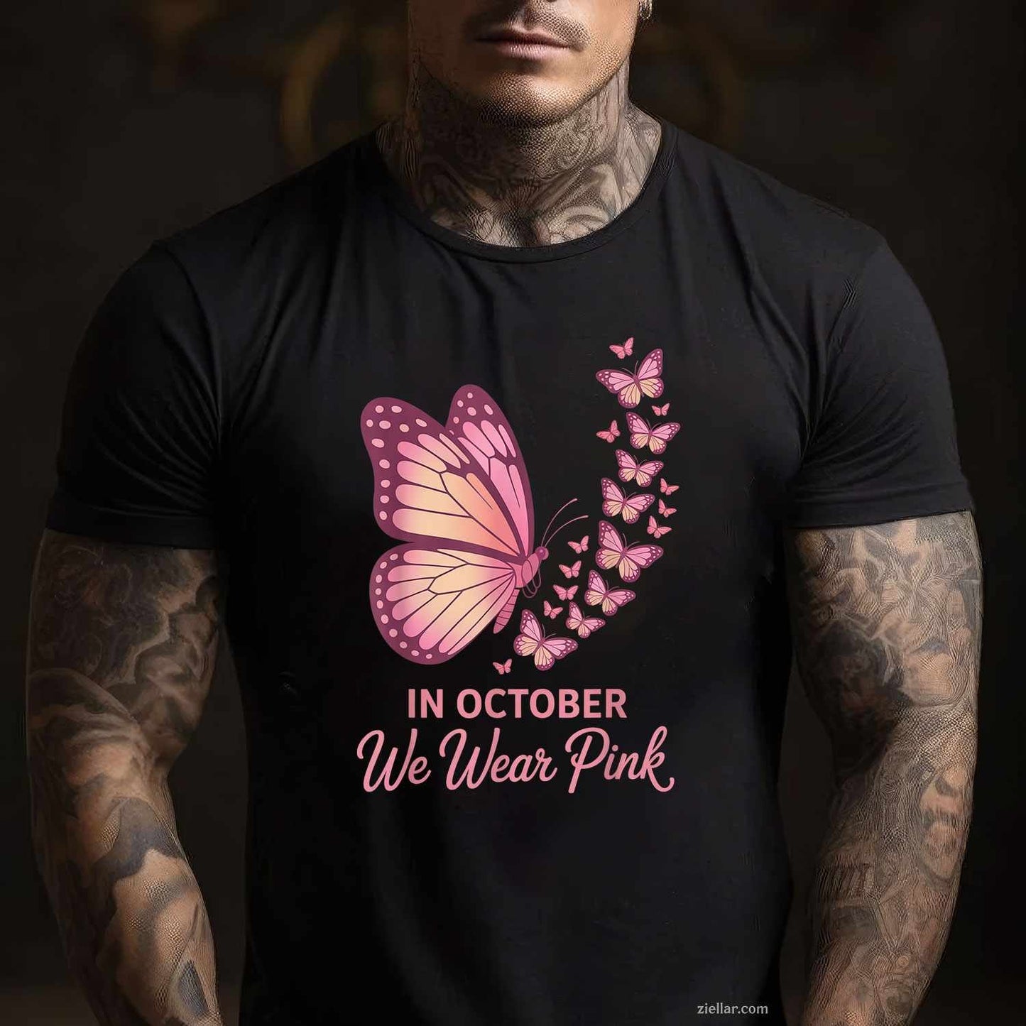 in October We Wear Pink Breast Cancer Awareness Butterfly Funny Graphic Tee and T-Shirt Gift for Adults Men Women Unisex